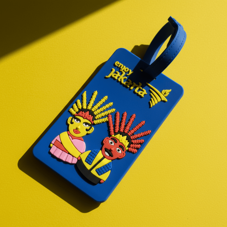 Blue travel tag with two cartoon figures wearing feathered headdresses and the text 'enjoy jakarta' against a yellow background.